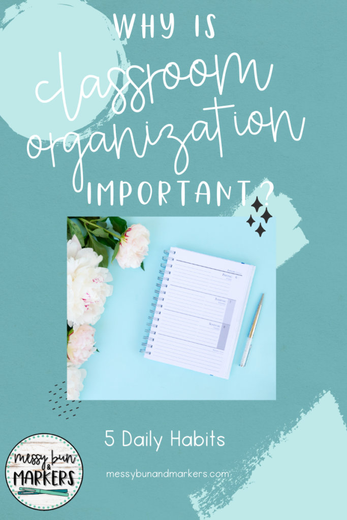 Why is classroom organization important? 5 Daily habits with a picture of a beautifully organized classroom planner.
