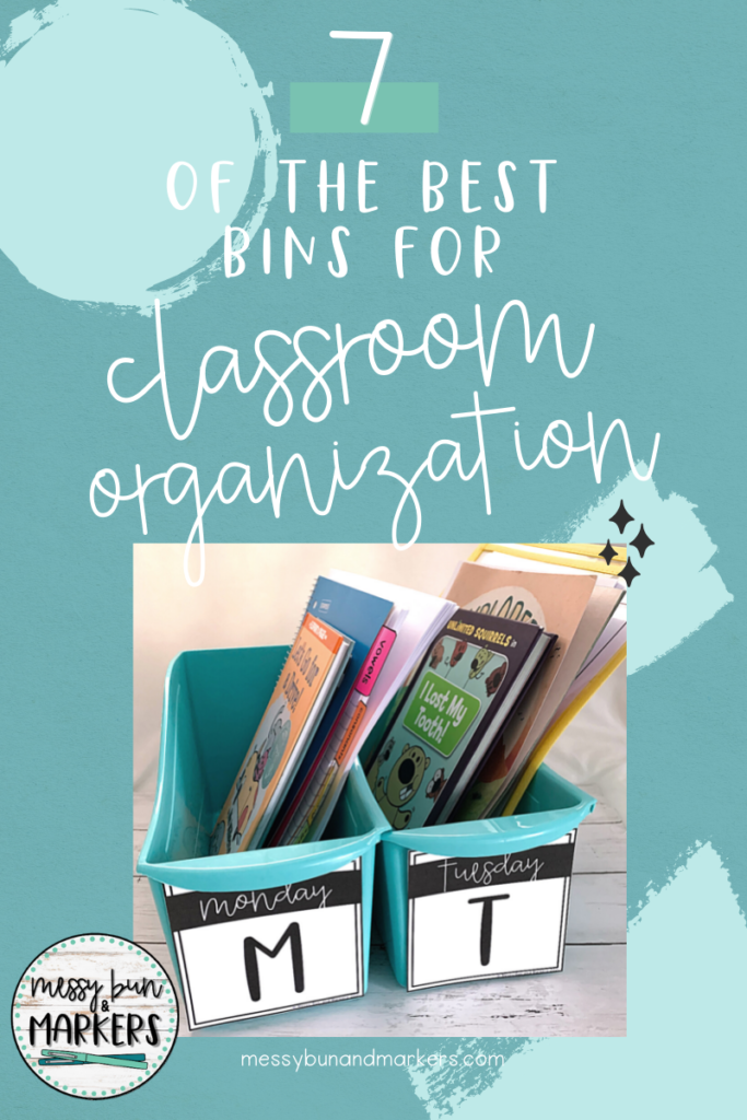 7 if the best bins for classroom organization, book bins holding teacher lesson plans and materials