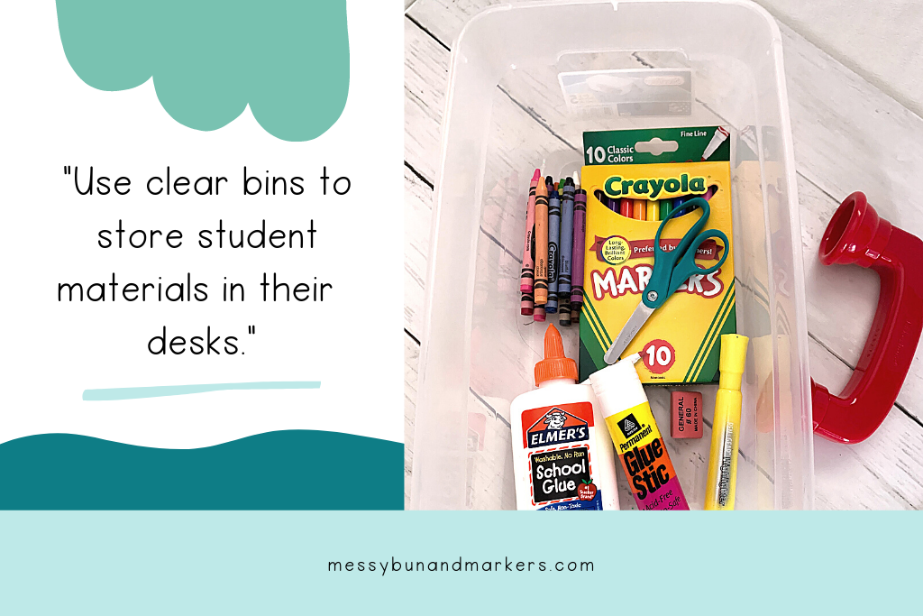Student bin with materials that can easily slide in and out of their desk