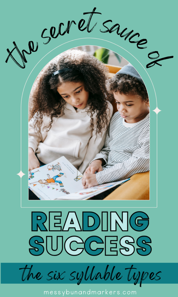 two children reading a book together with the title: The secret sauce of reading success: the six syllable types