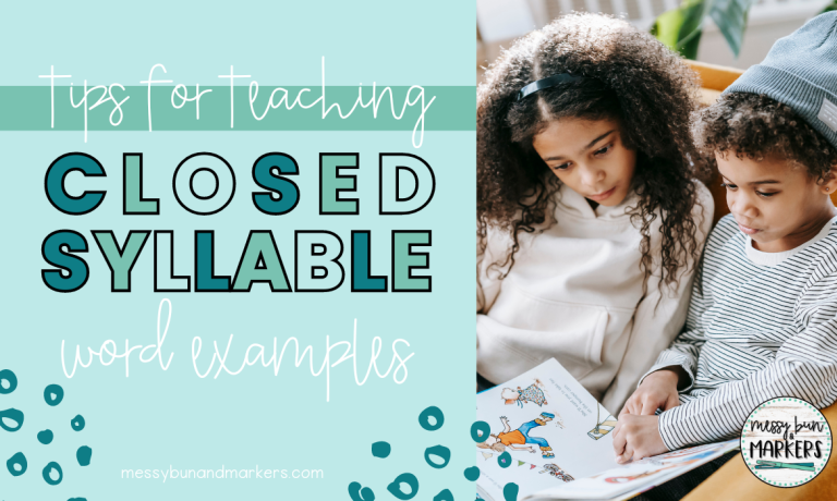 Blog Title: tips for teaching closed syllable word examples. Two children sitting together reading a story.